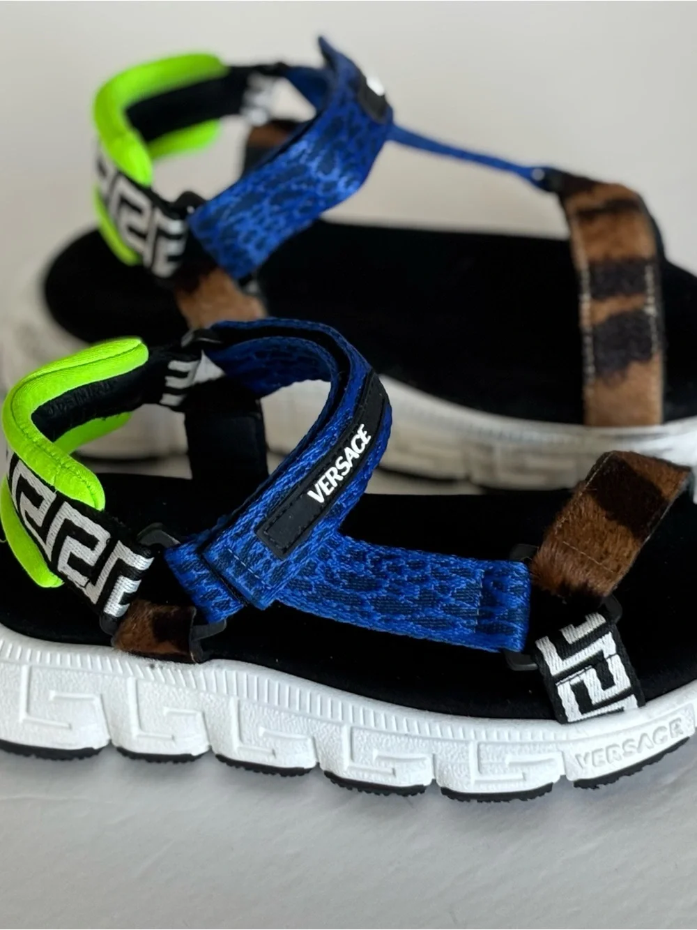 Versace (Italy) Kids, Blue, Brown & Neon Green Animal-Accent Sport Sandals